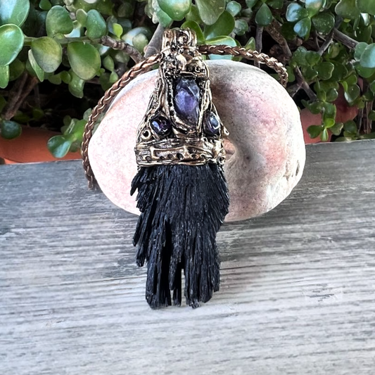 Black Kyanite & Amethyst Empath Protection Necklace, Raw Crystal Amulet