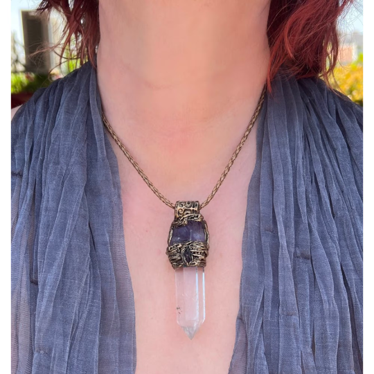 Empath Protection Necklace with Clear Quartz & Amethyst - Raw Crystal Amulet for Spiritual Gifts