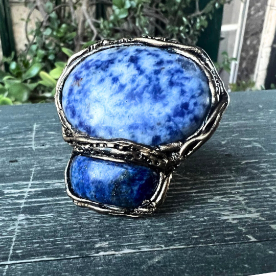 Blue Chunky Gemstone Ring with Lapis Lazuli and Jasper, Oversized Cocktail Statement