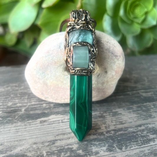 Green Crystal Pendant Necklace with Malachite, Fluorite, Aventurine - Amulet Jewelry
