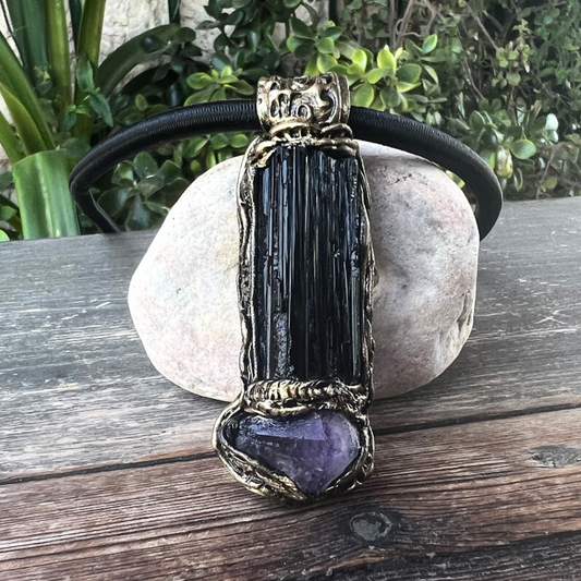 Raw Amethyst and Black Tourmaline Protection Amulet necklace