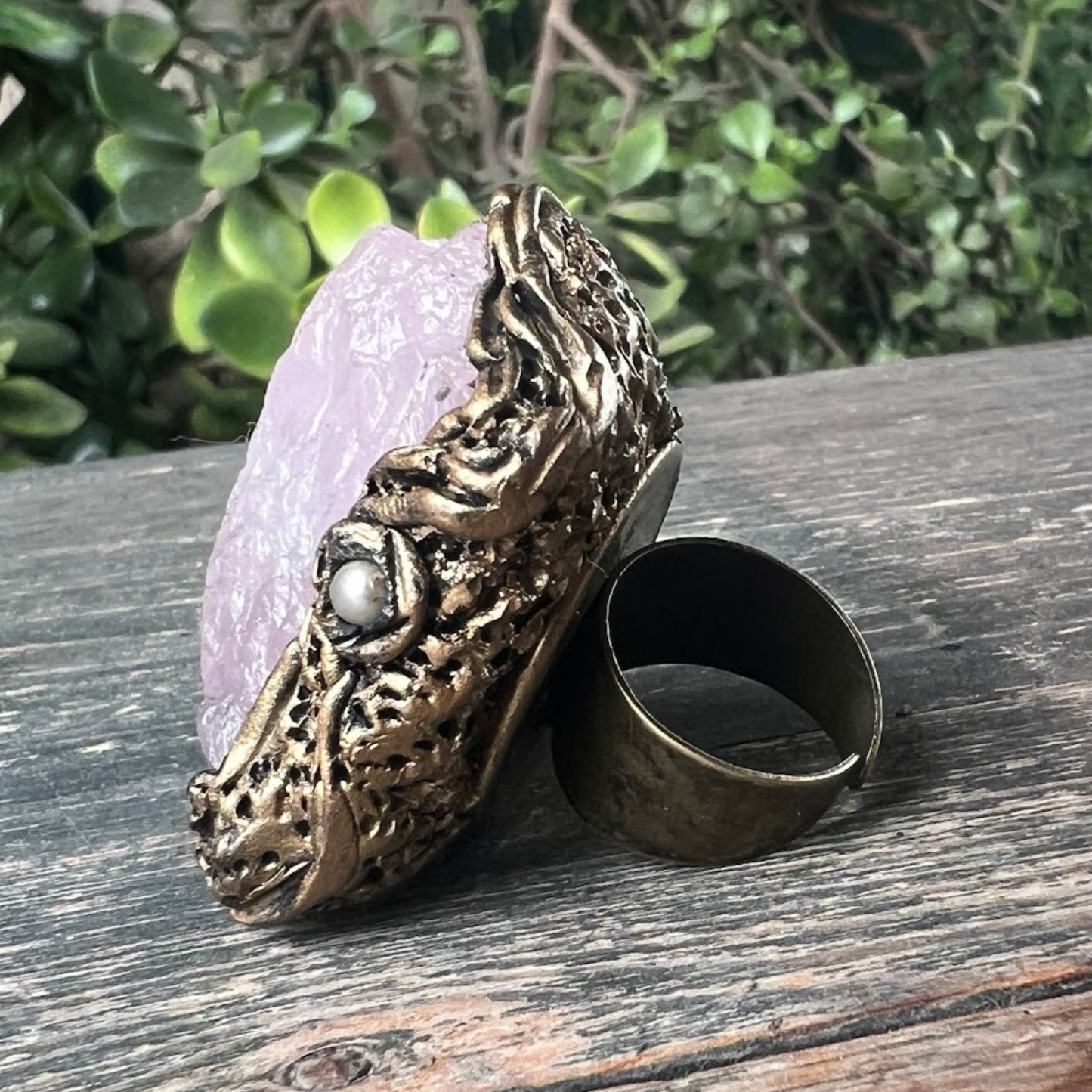 Rose Quartz Raw Crystal Chunky Ring, Large Stone Oversized Cocktail Ring