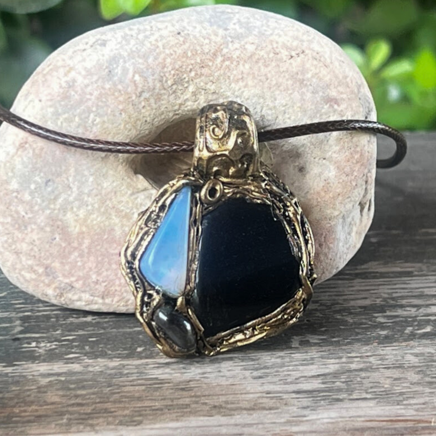 Black Obsidian Opal Hematite Pendant Necklace - Empath Protection Amulet