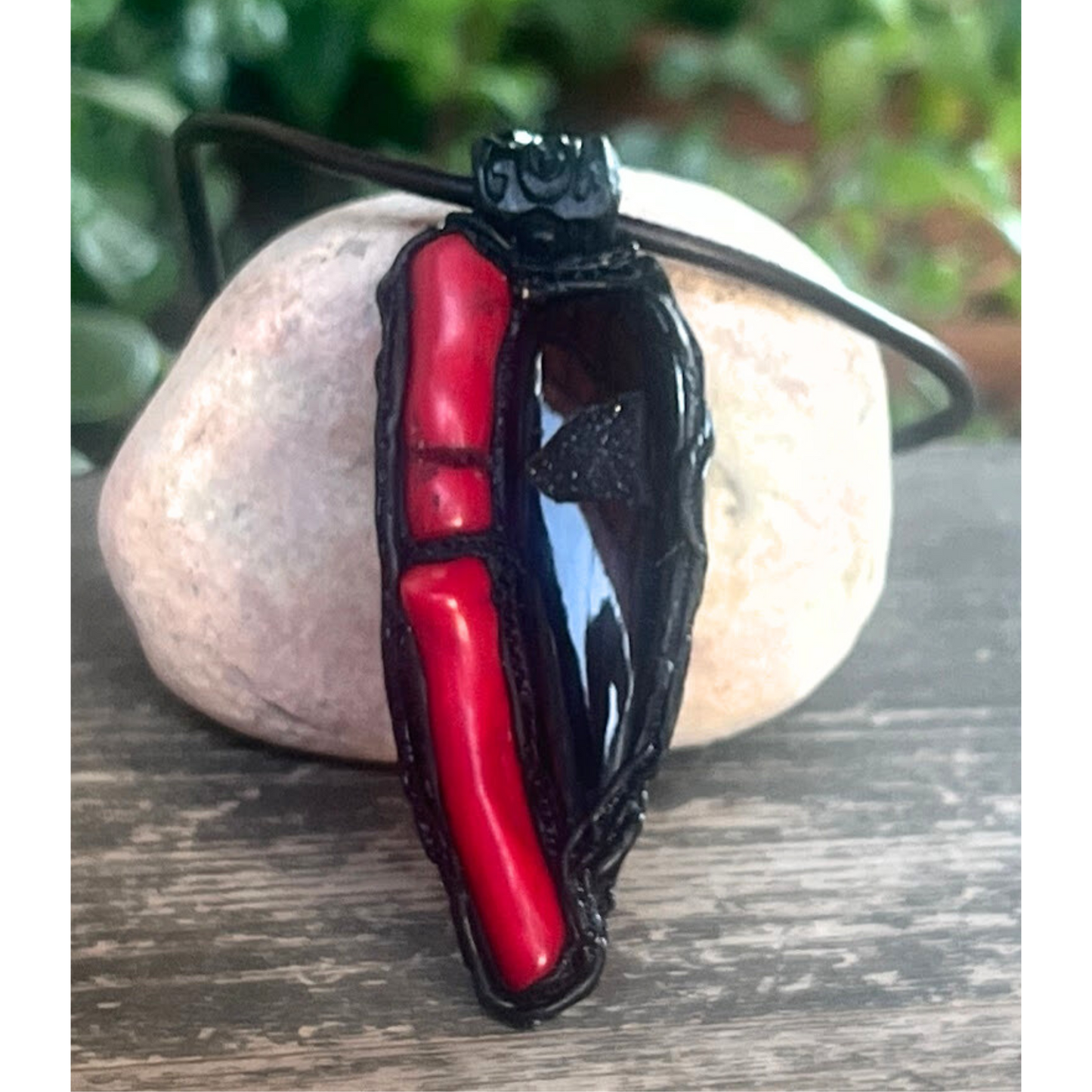 Black and Red Onyx Coral Necklace, Boho Gemstone Pendant