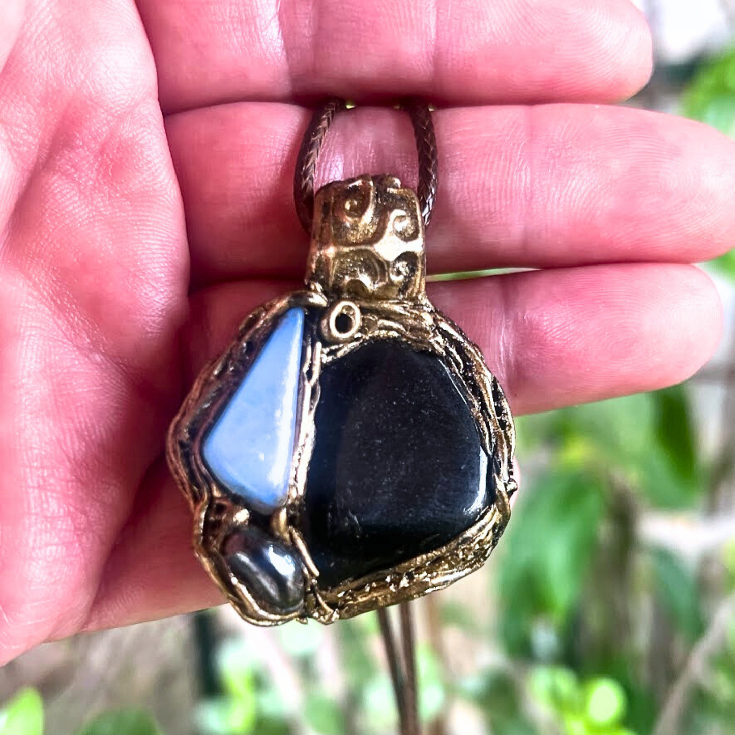 Black Obsidian Opal Hematite Pendant Necklace - Empath Protection Amulet