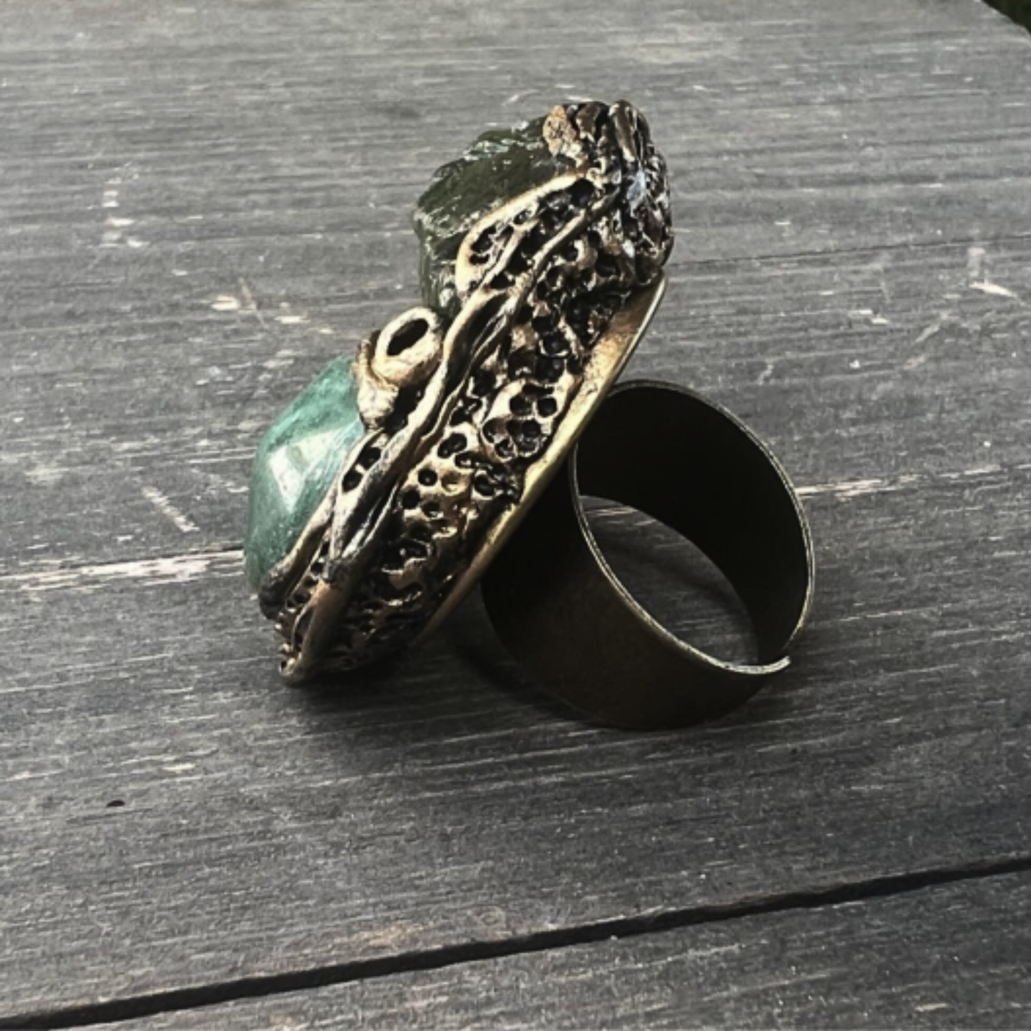 Green Aventurine & Apatite Large Stone Ring, Chunky Raw Crystal Cocktail Ring