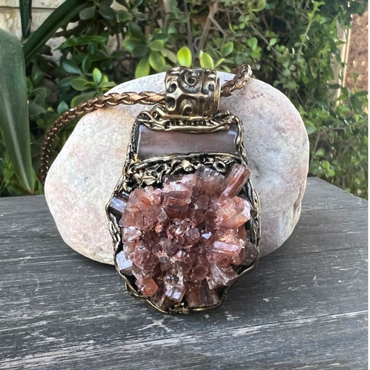 Pink Aragonite and Moonstone Raw Crystal Cluster Necklace