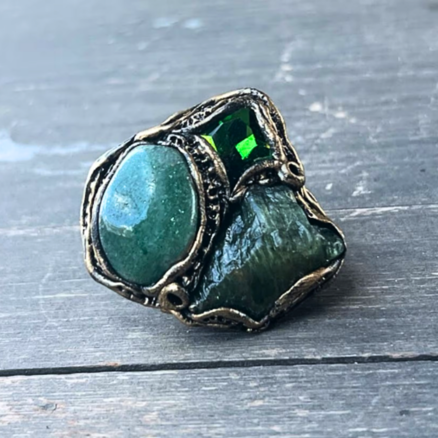 Green Aventurine & Apatite Large Stone Ring, Chunky Raw Crystal Cocktail Ring