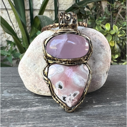 Rhodochrosite and Rose Quartz Pendant  Love Amulet Necklace