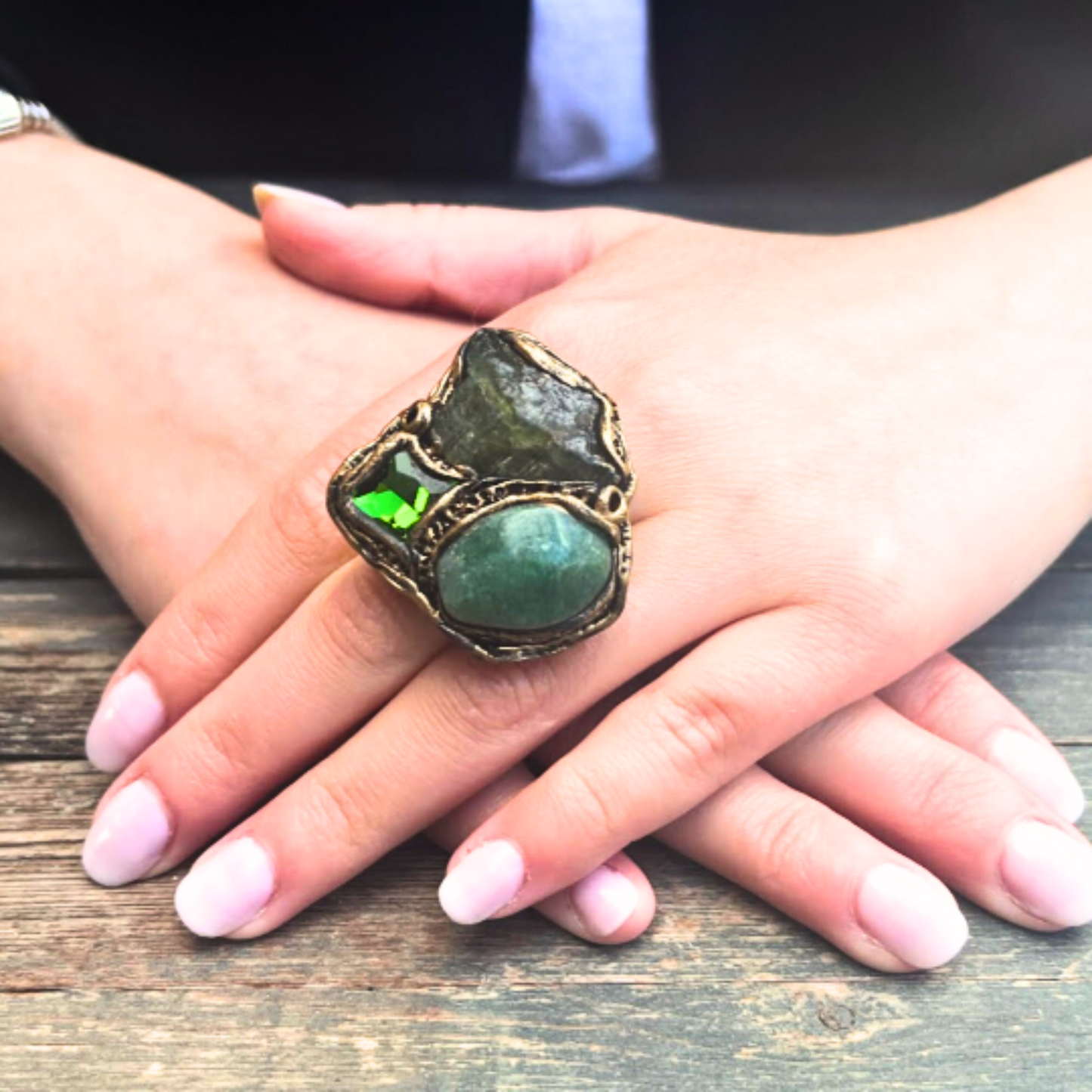 Green Aventurine & Apatite Large Stone Ring, Chunky Raw Crystal Cocktail Ring