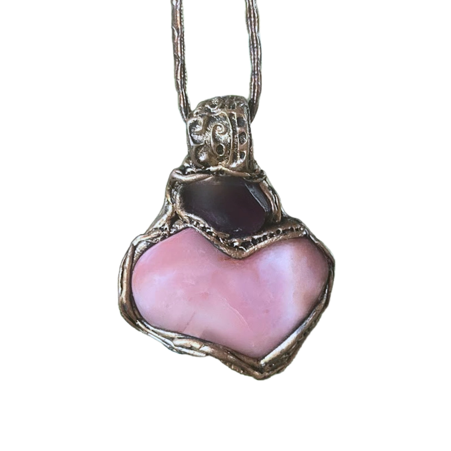 Botswana Agate Fluorite Heart Crystal Pendant - Chunky pink stone amulet necklace