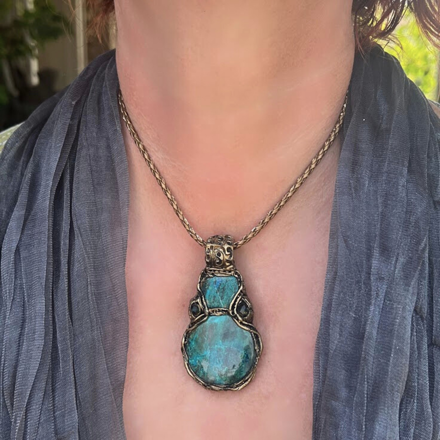 Blue Green Chrysocolla Crystal Necklace, Large Stone Pendant