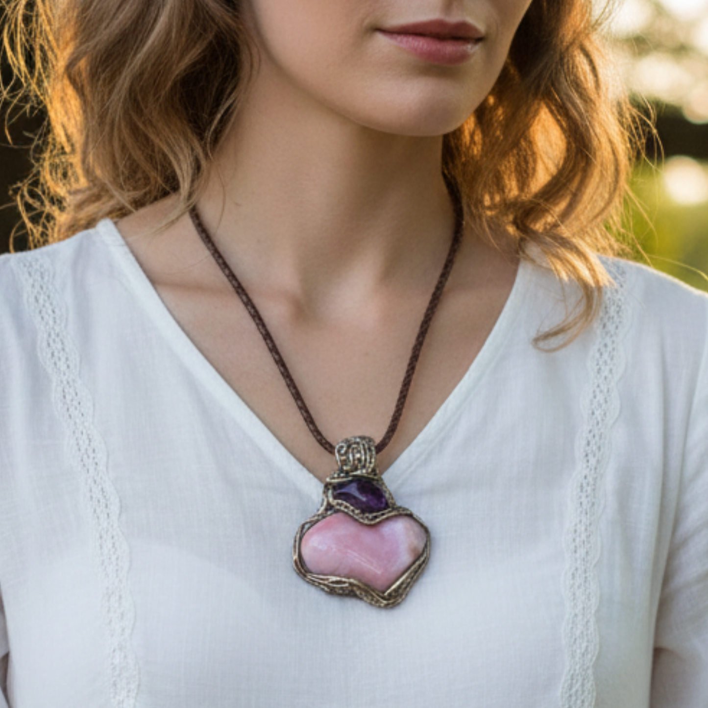 Botswana Agate Fluorite Heart Crystal Pendant - Chunky pink stone amulet necklace