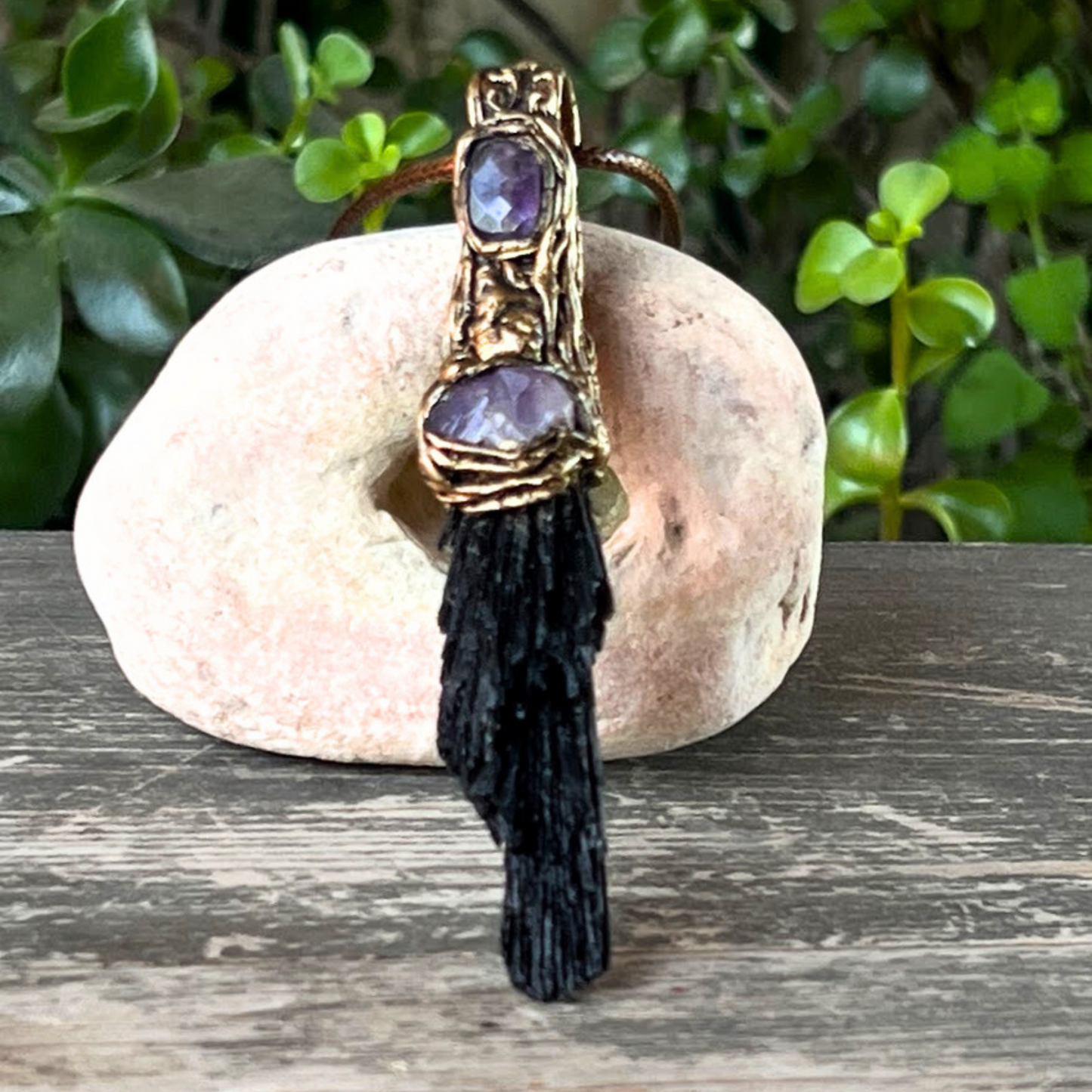 Raw Crystal Protection Amulet Pendant Necklace with Black Kyanite & Amethyst, spiritual gifts