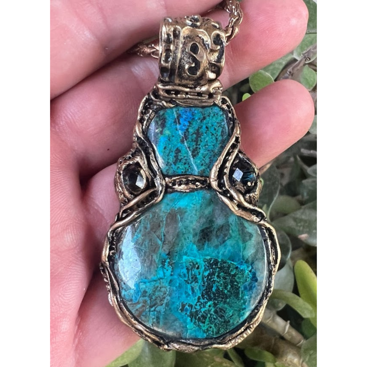 Blue Green Chrysocolla Crystal Necklace, Large Stone Pendant