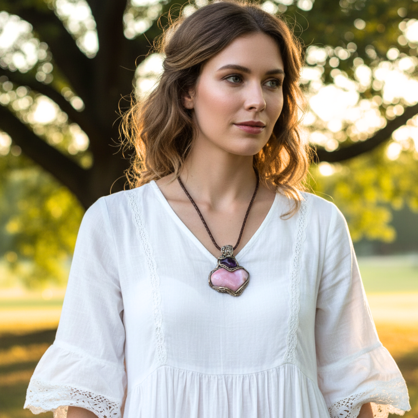 Botswana Agate Fluorite Heart Crystal Pendant - Chunky pink stone amulet necklace