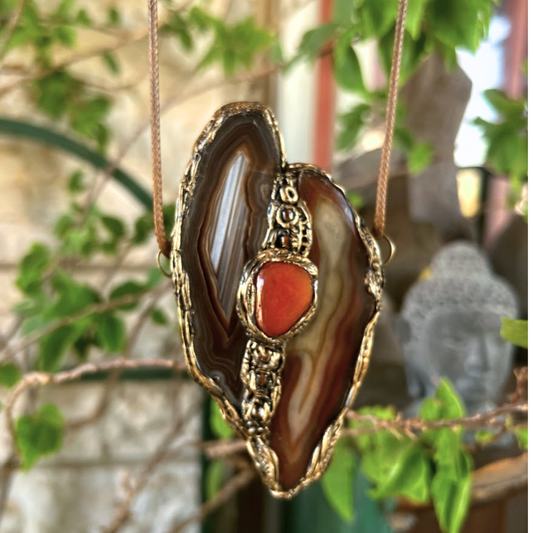 Agate & Carnelian Gemstone Pendant Necklace — Chunky Bold Crystal Jewelry