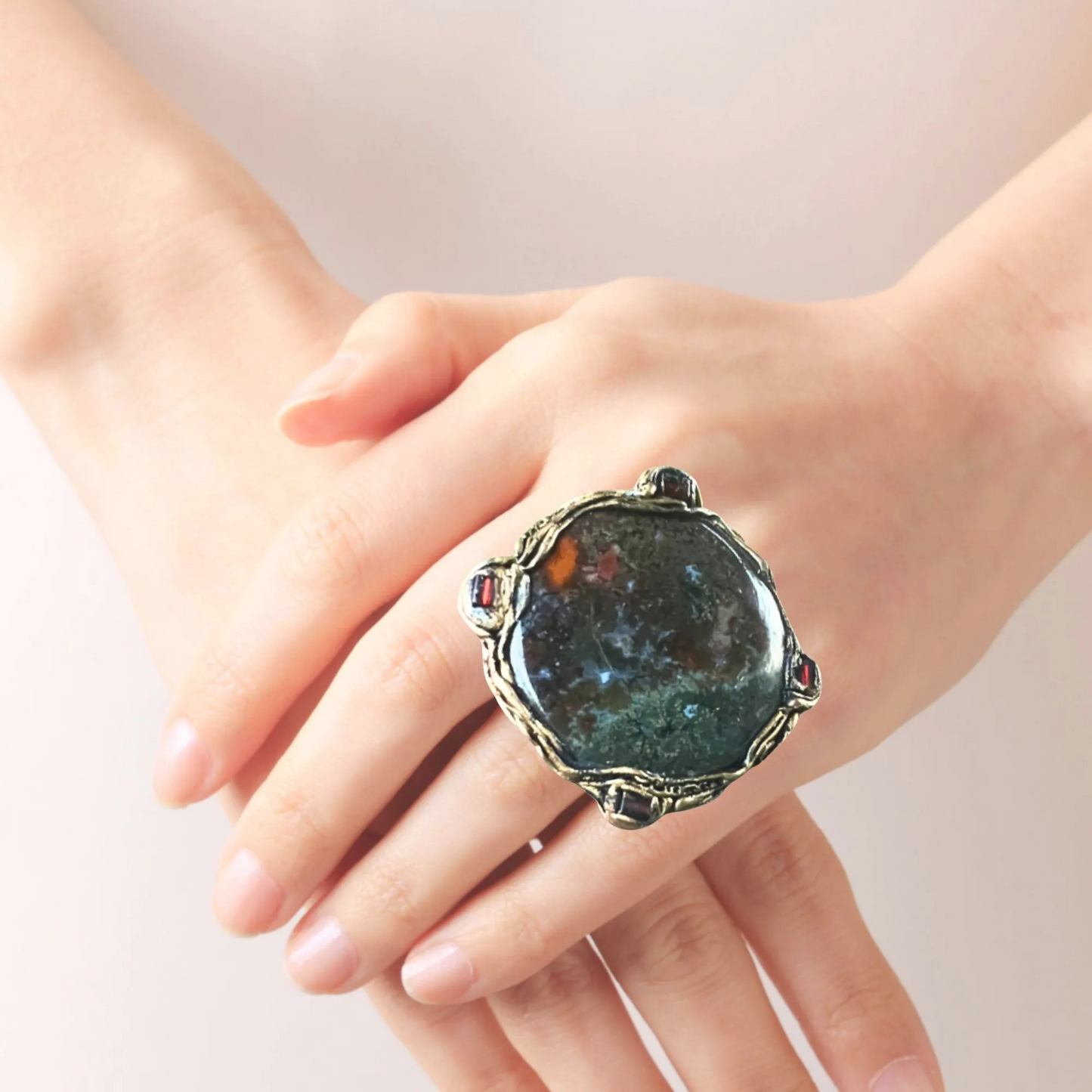 Bloodstone Large Stone Chunky Round Ring, Statement Big Cocktail Ring