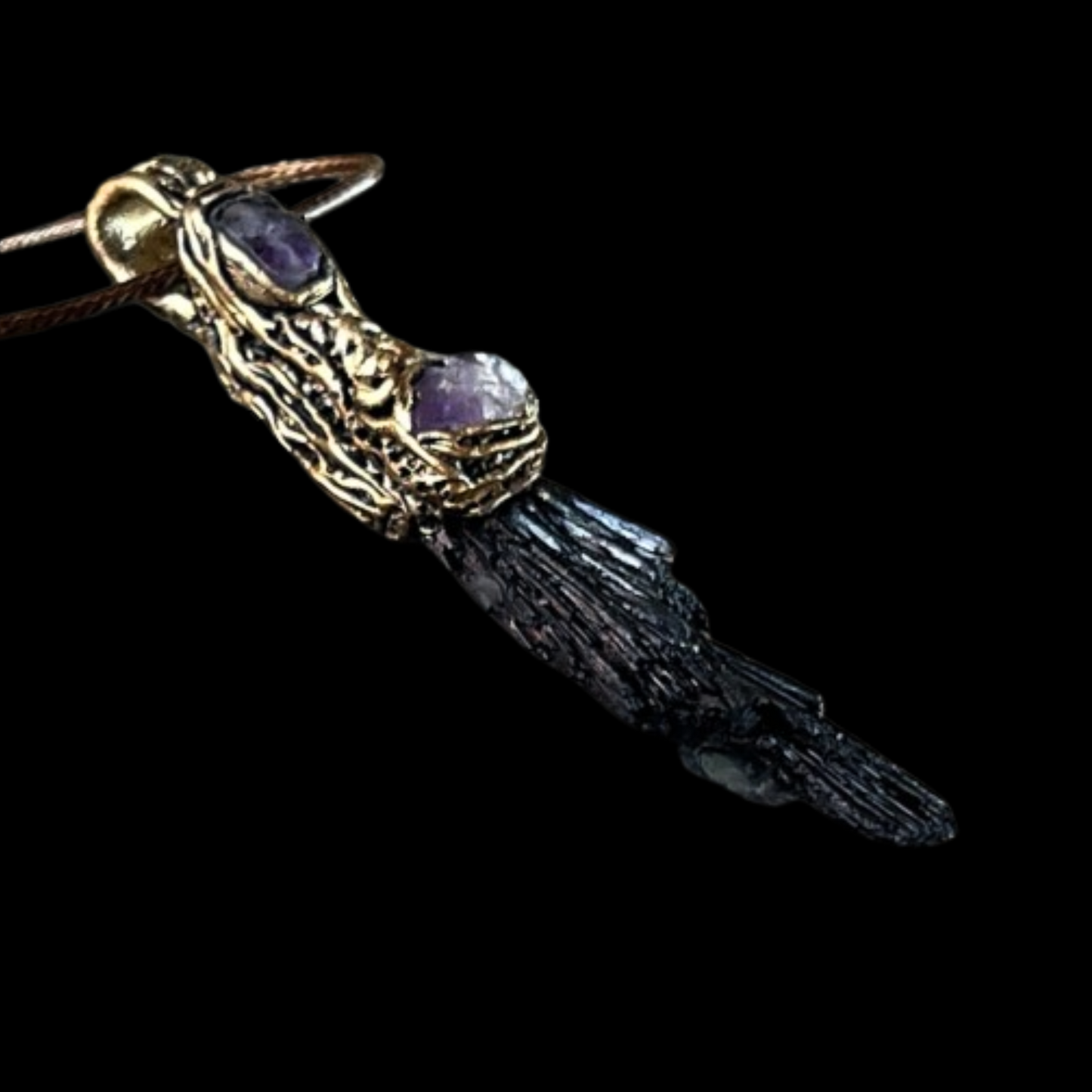 Raw Crystal Protection Amulet Pendant Necklace with Black Kyanite & Amethyst, spiritual gifts