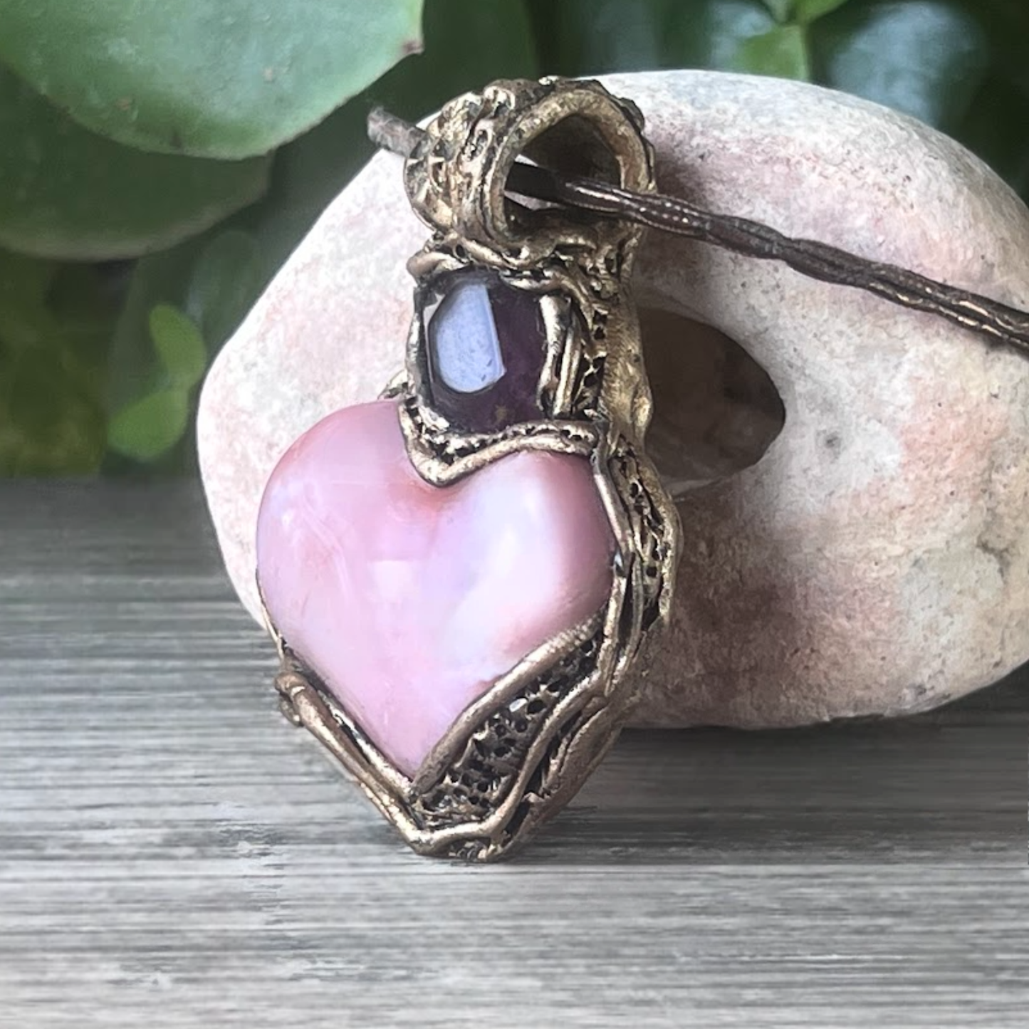 Botswana Agate Fluorite Heart Crystal Pendant - Chunky pink stone amulet necklace