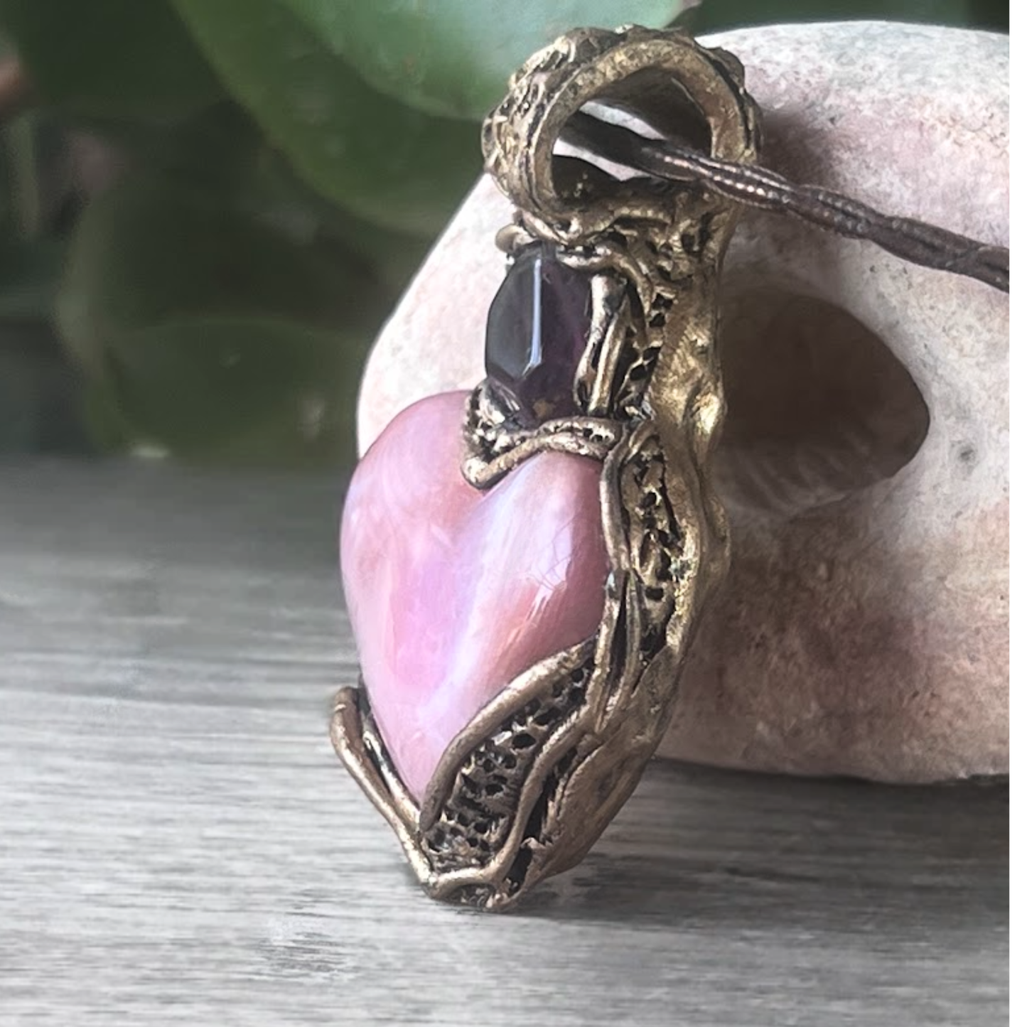 Botswana Agate Fluorite Heart Crystal Pendant - Chunky pink stone amulet necklace