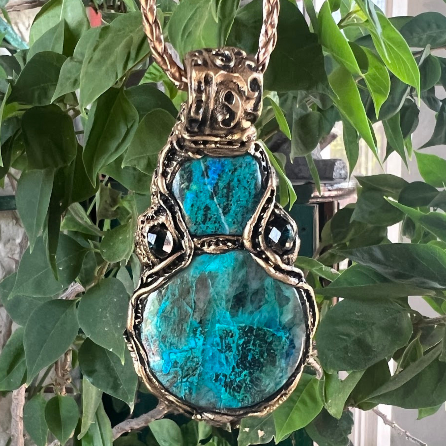 Blue Green Chrysocolla Crystal Necklace, Large Stone Pendant