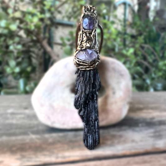 Raw Crystal Protection Amulet Pendant Necklace with Black Kyanite & Amethyst, spiritual gifts