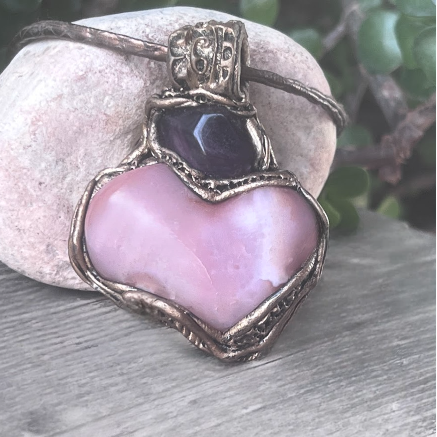 Botswana Agate Fluorite Heart Crystal Pendant - Chunky pink stone amulet necklace