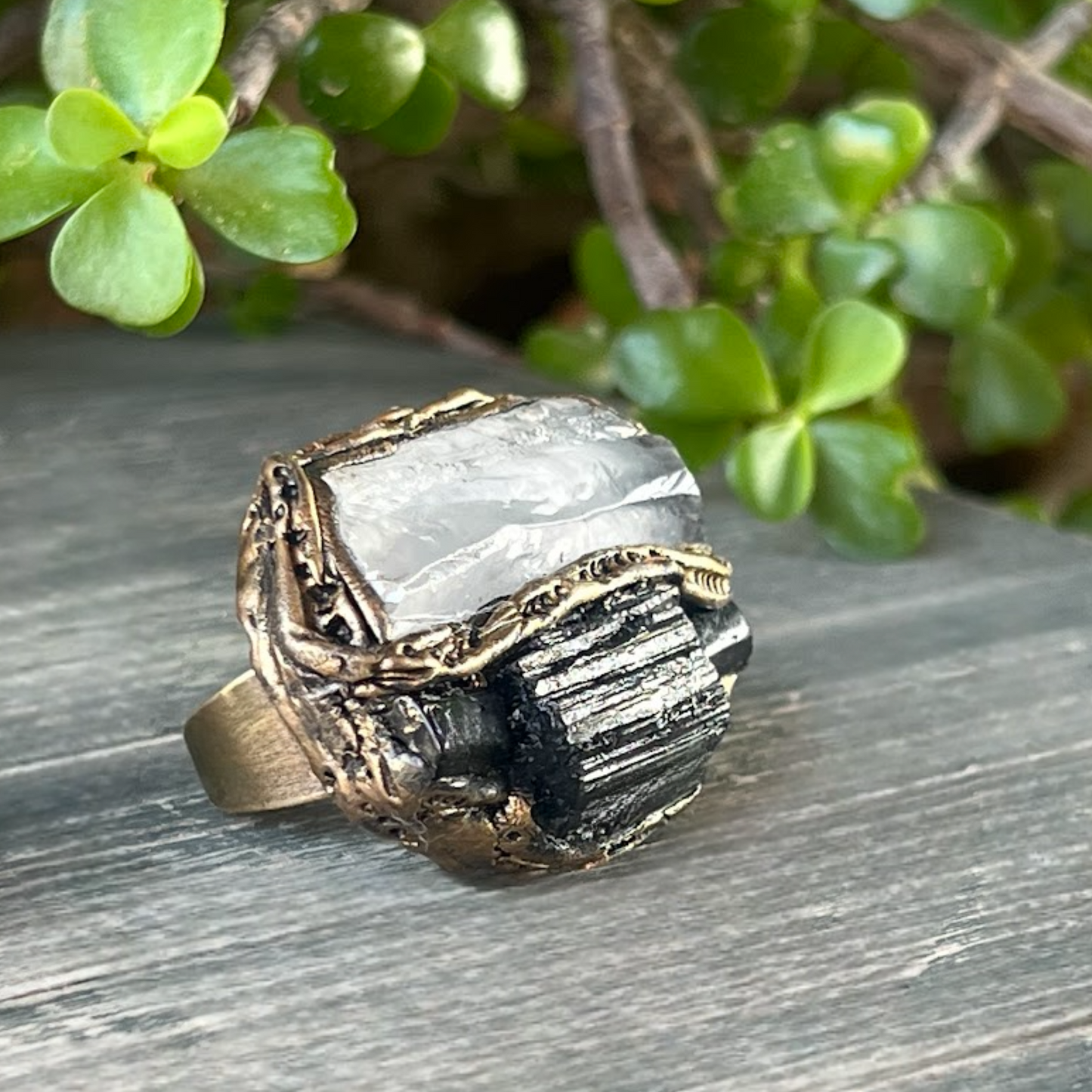Black Tourmaline & Calcite Chunky Ring - Empath Protection Jewelry