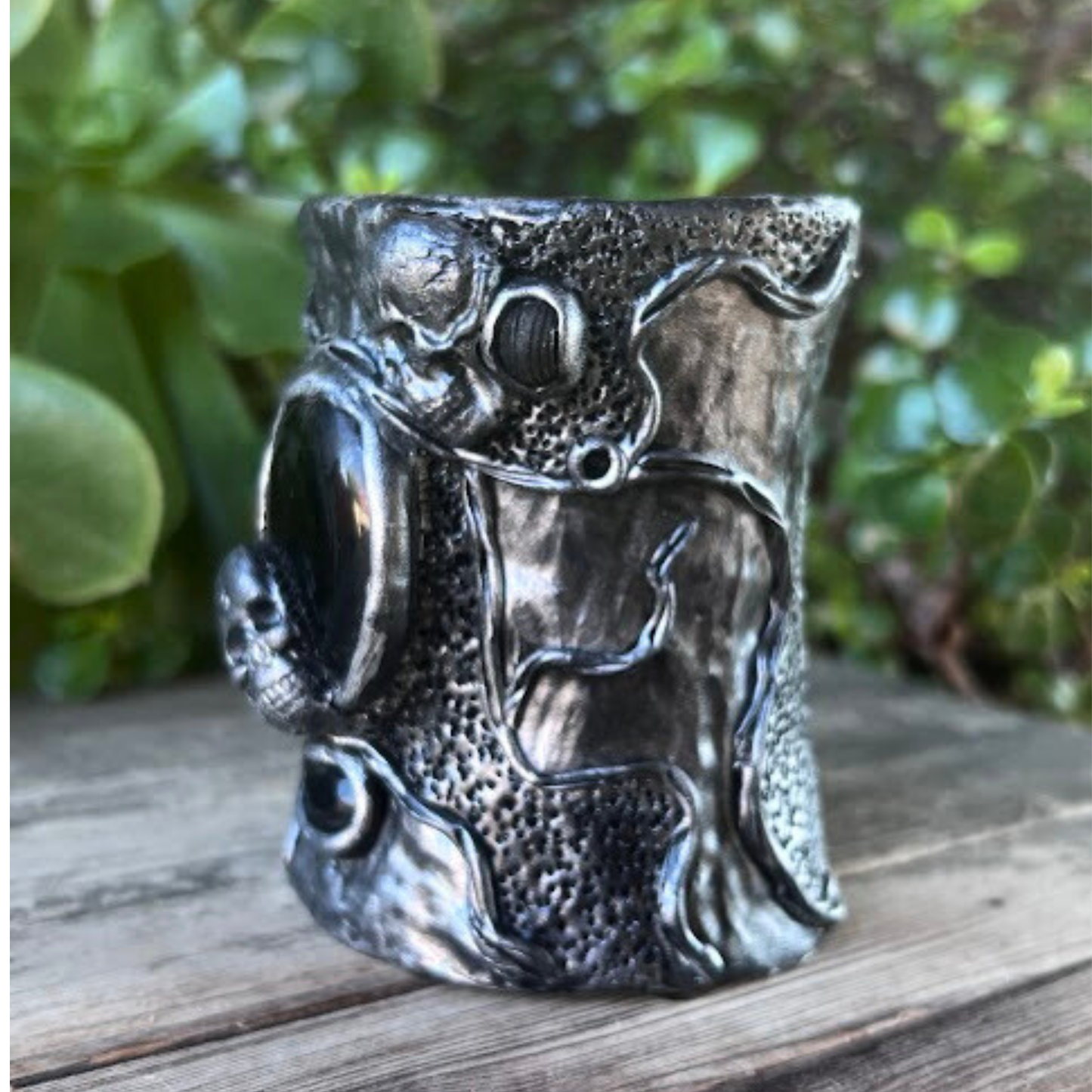 Gothic Skull Onyx Wide Cuff Bracelet – Unique Gothic Wedding Jewelry