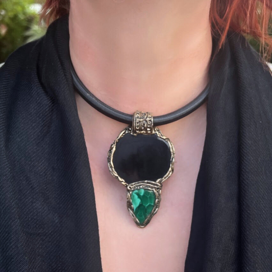 Green Malachite and Black Obsidian Protection Pendant Necklace