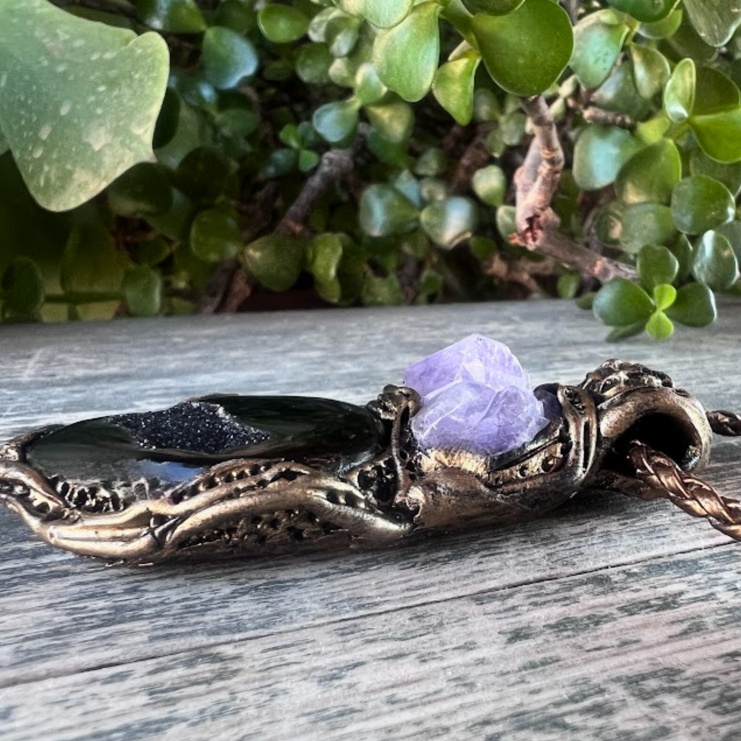 Amethyst and Druzy Onyx Pendant Necklace – Healing Crystal Amulet