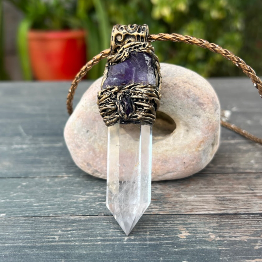 Empath Protection Necklace with Clear Quartz & Amethyst - Raw Crystal Amulet for Spiritual Gifts