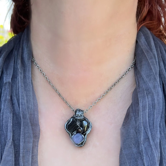 Black Tourmaline, Hematite and Chalcedony protection amulet necklace