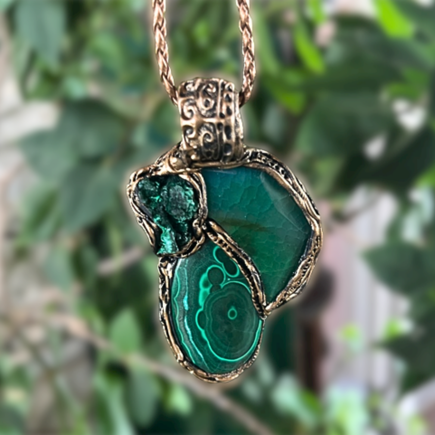 Raw Malachite & Agate Green Large Stone Amulet Necklace