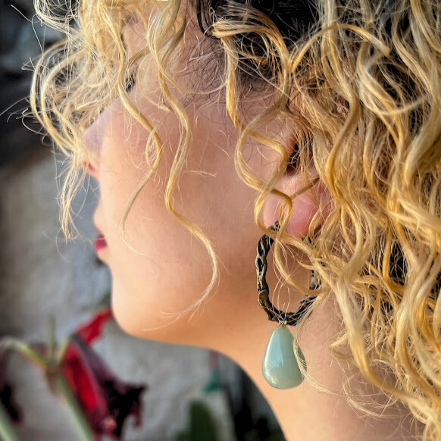 Drop Hoop Earrings with Green Aventurine - Boho Chic Jewelry