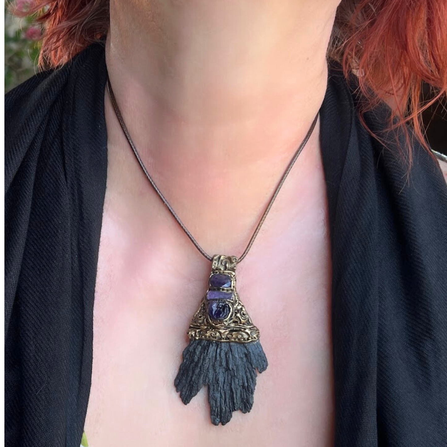 Black Kyanite & Amethyst Protection Amulet, Raw Crystal Empath Necklace