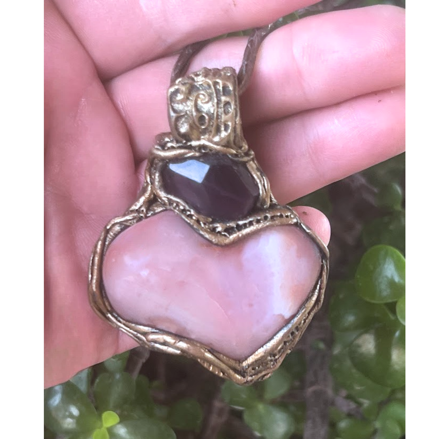 Botswana Agate Fluorite Heart Crystal Pendant - Chunky pink stone amulet necklace