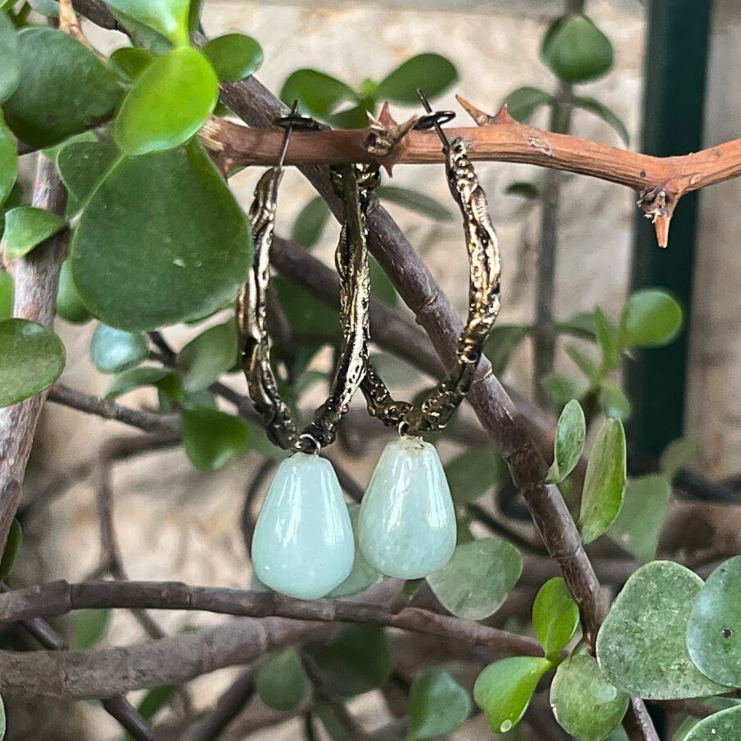 Drop Hoop Earrings with Green Aventurine - Boho Chic Jewelry