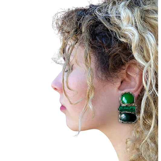 Malachite & Jade Green Earrings, Gemstone Statement Clip On
