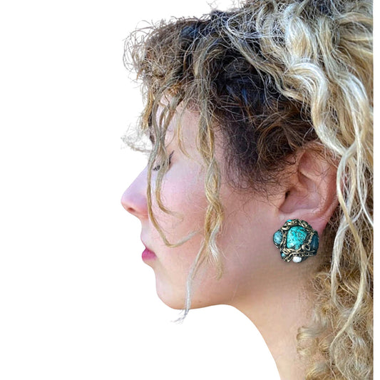 Turquoise and Pearl Studs - Unique Blue Statement Earrings