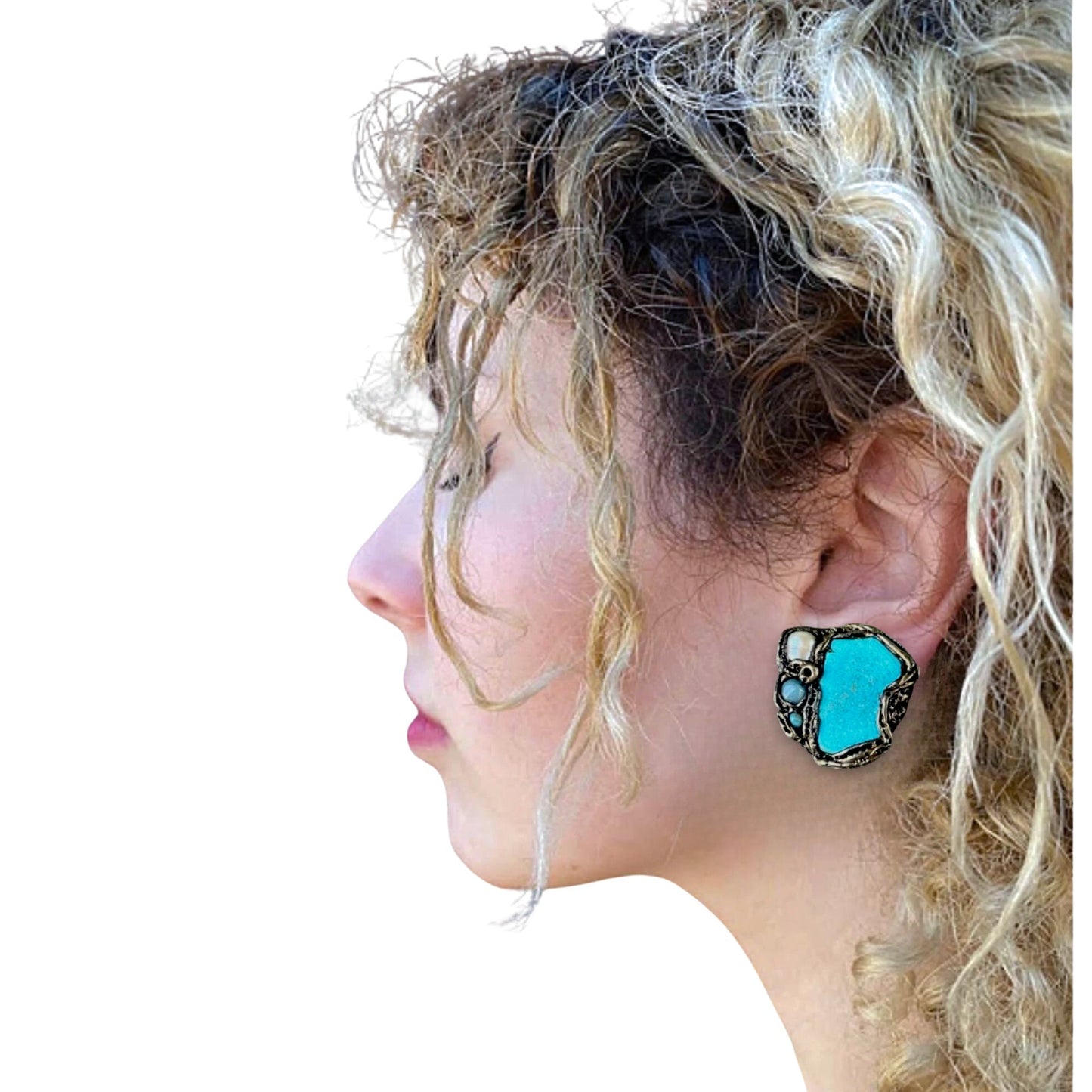 Turquoise Clip on Earrings with Pearls - Bohemian Unique Gift for Her