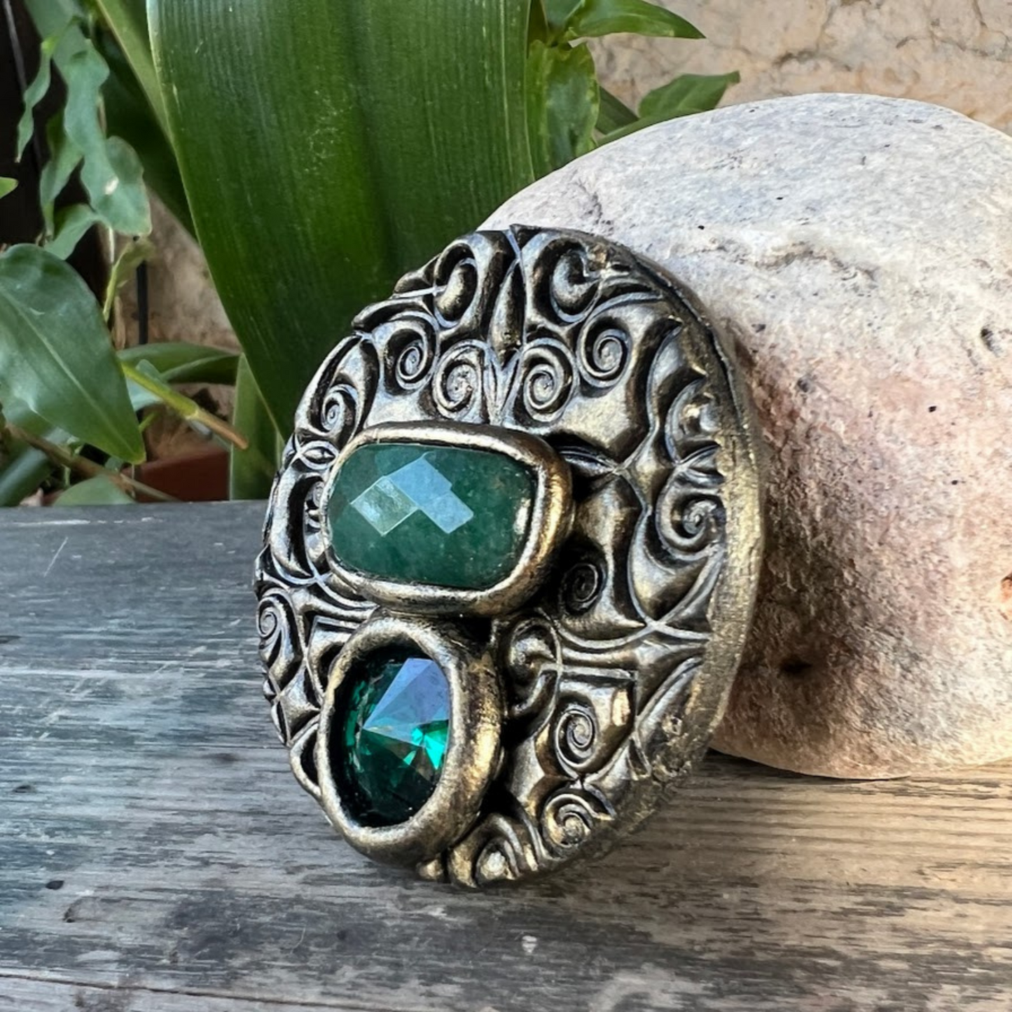 Large Green Aventurine Circle Brooch - Unique Gift for Her