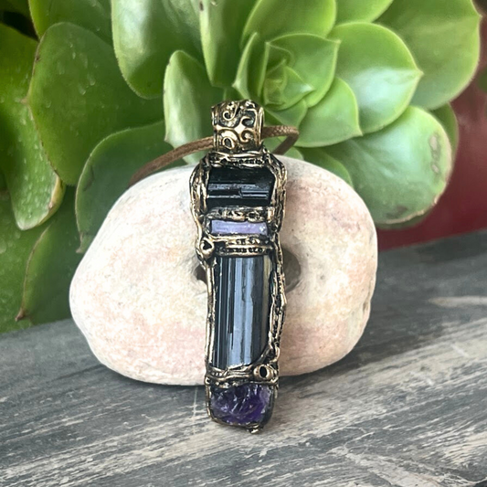 Black Tourmaline & Amethyst Empath Amulet Necklace, Energy Protection Jewelry