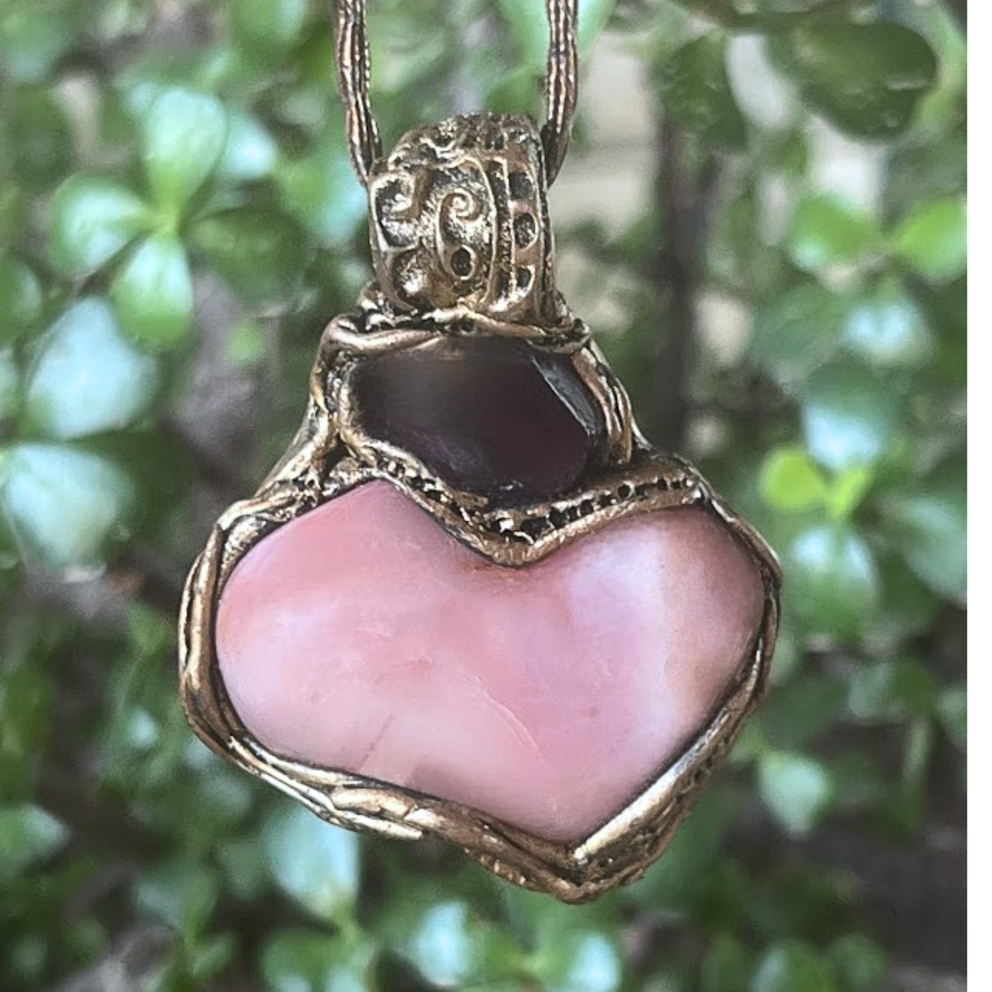 Botswana Agate Fluorite Heart Crystal Pendant - Chunky pink stone amulet necklace