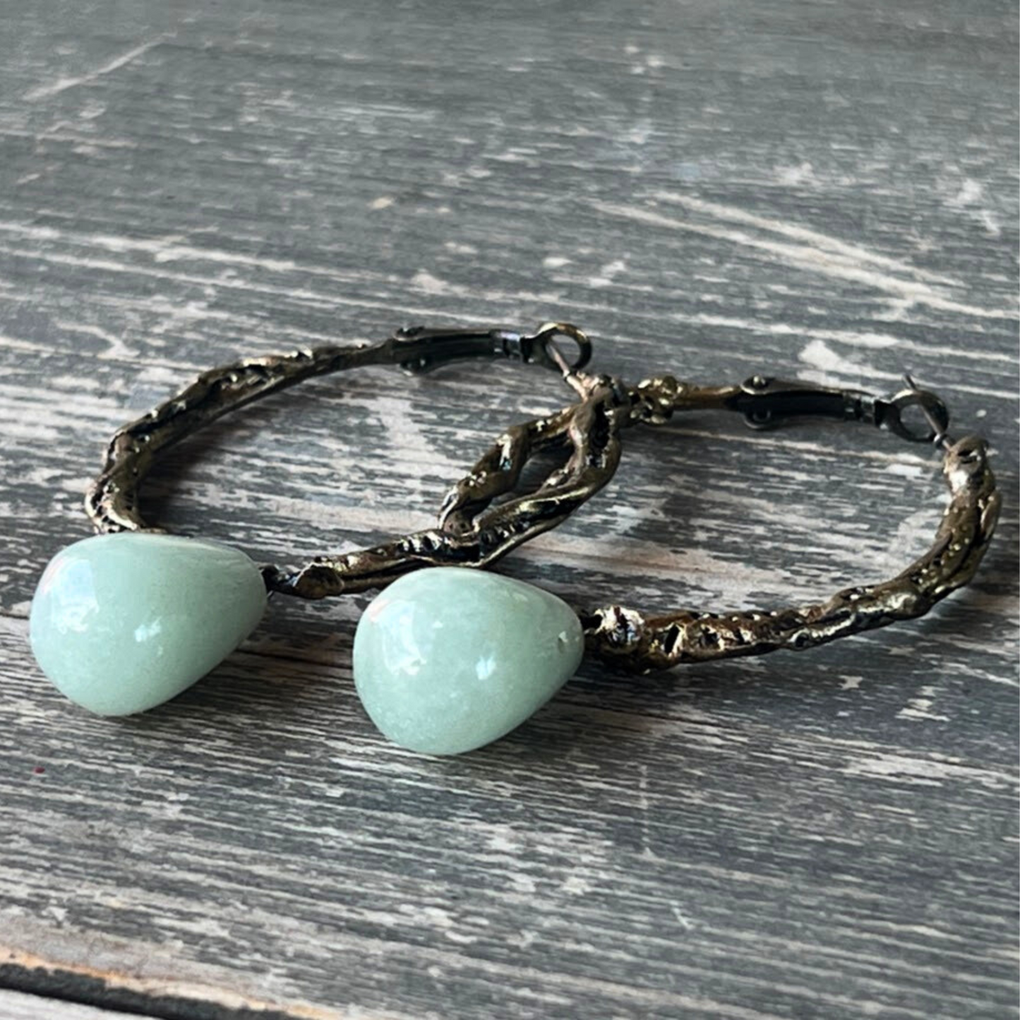 Drop Hoop Earrings with Green Aventurine - Boho Chic Jewelry