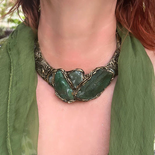 Aventurine & Buddstone Chunky Green Choker Collar Raw Stone Necklace