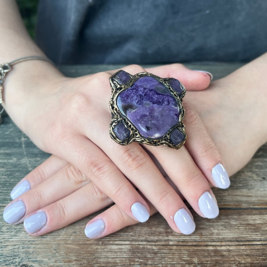 Large Charoite and Chalcedony Stone Ring, Chunky Purple Crystal Cocktail Ring