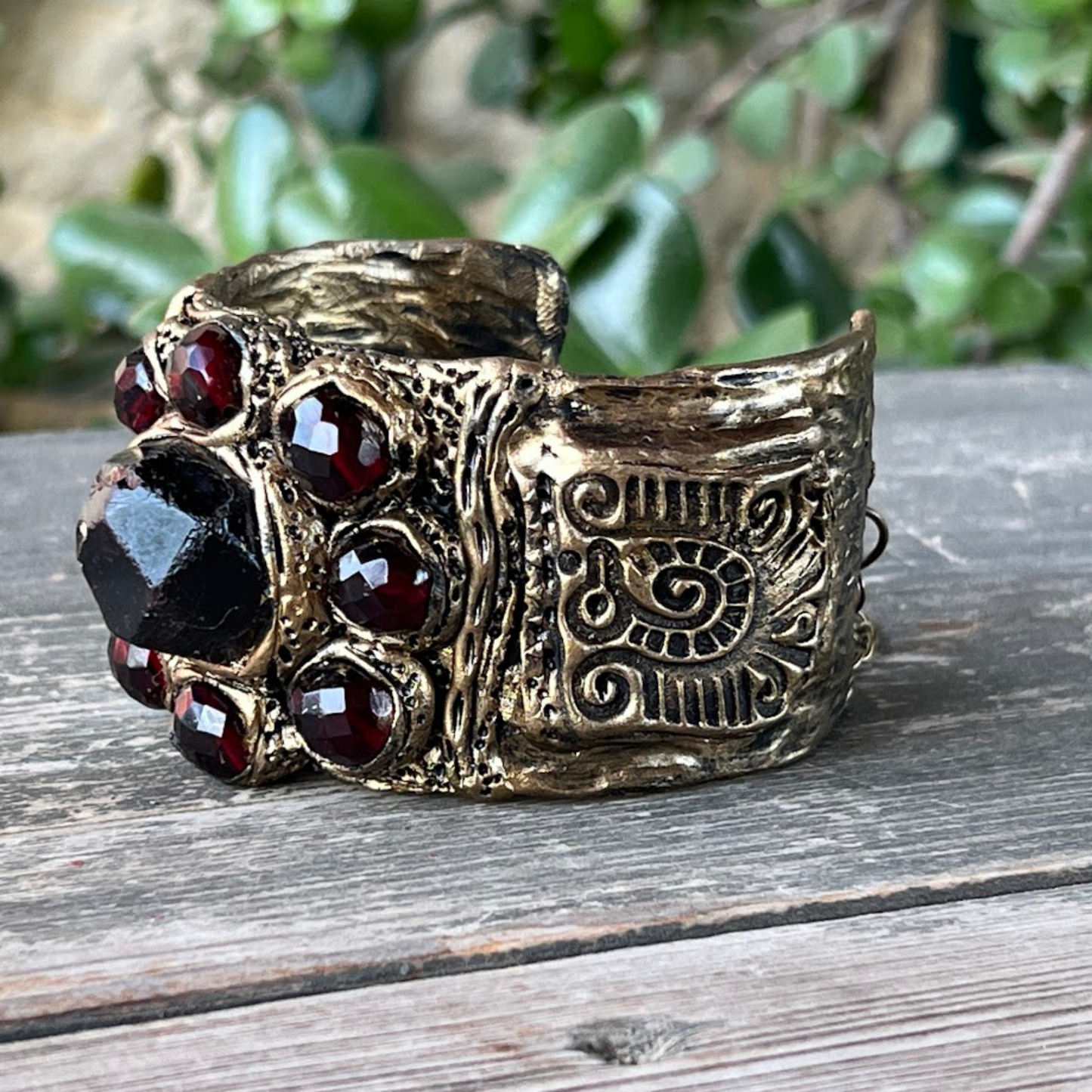 Raw Garnet Large Boho cuff bracelet, unique gift for her