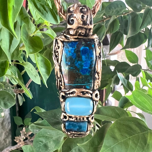 Blue Chrysocolla, Apatite and Chalcedony Crystal Pendant Necklace